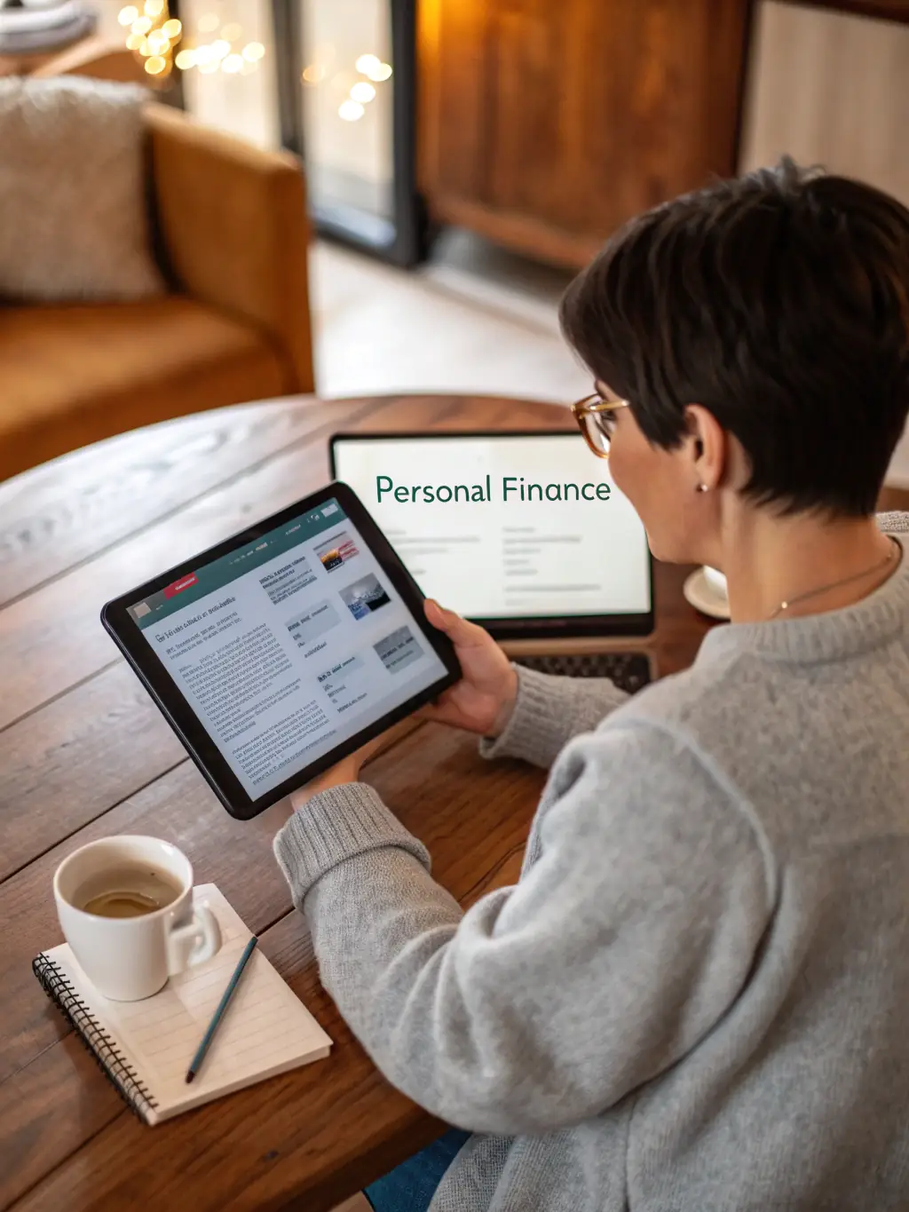 A person happily reviewing their budget on a tablet, showcasing the user-friendly interface of Contact-bt.org.