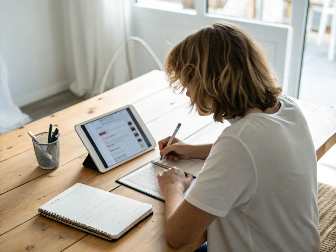 A person using Contact-bt.org on a tablet to create and manage a monthly budget, allocating funds to different categories.