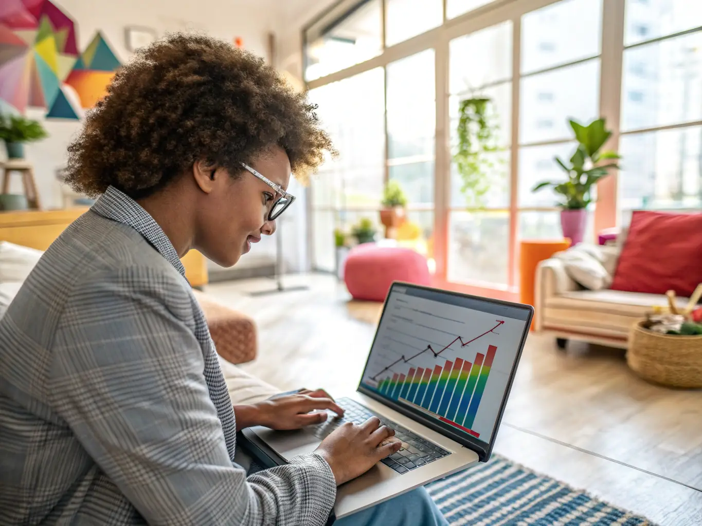 A person using Contact-bt.org on a laptop to track their daily expenses, with charts and graphs illustrating spending habits.